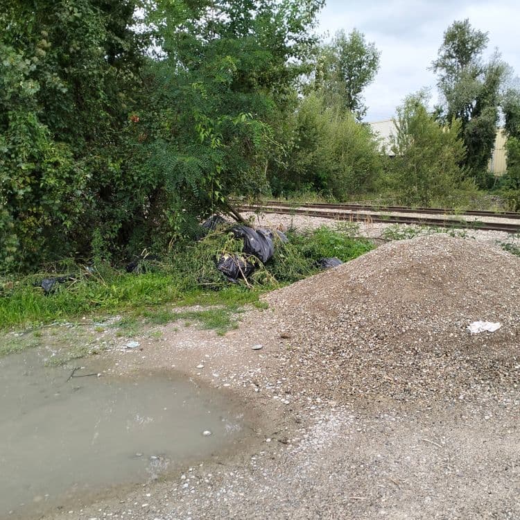 Sacs poubelles remplis de végétaux abandonnés sur un parking poids lourd 