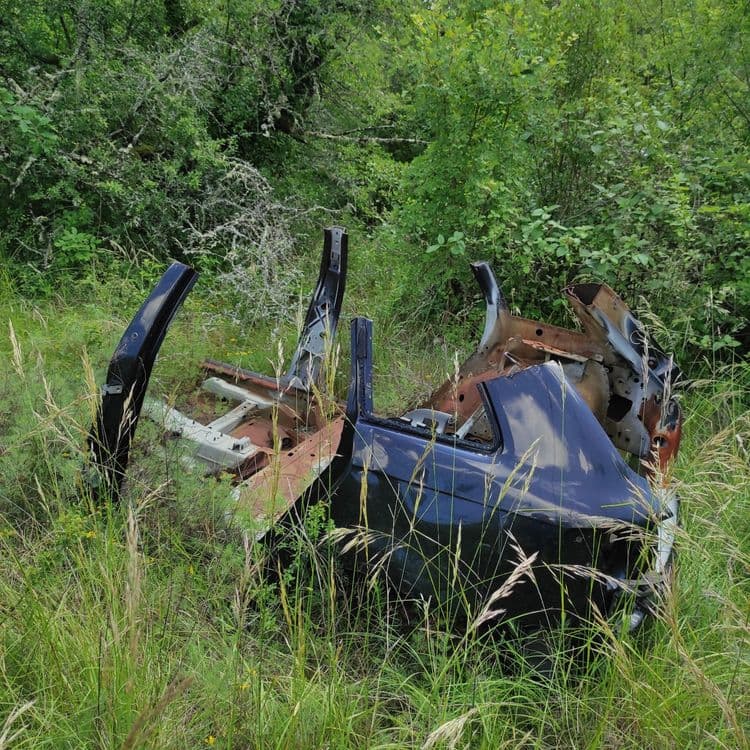Voici une estimation des déchets présents sur la photo, nécessaire pour l'enlèvement :

Il semble y avoir une carcasse de voiture abandonnée, incluant des éléments de carrosserie et le châssis. Le poids total de ces éléments pourrait avoisiner les 500 kg, voire plus, compte tenu de la présence du châssis.


