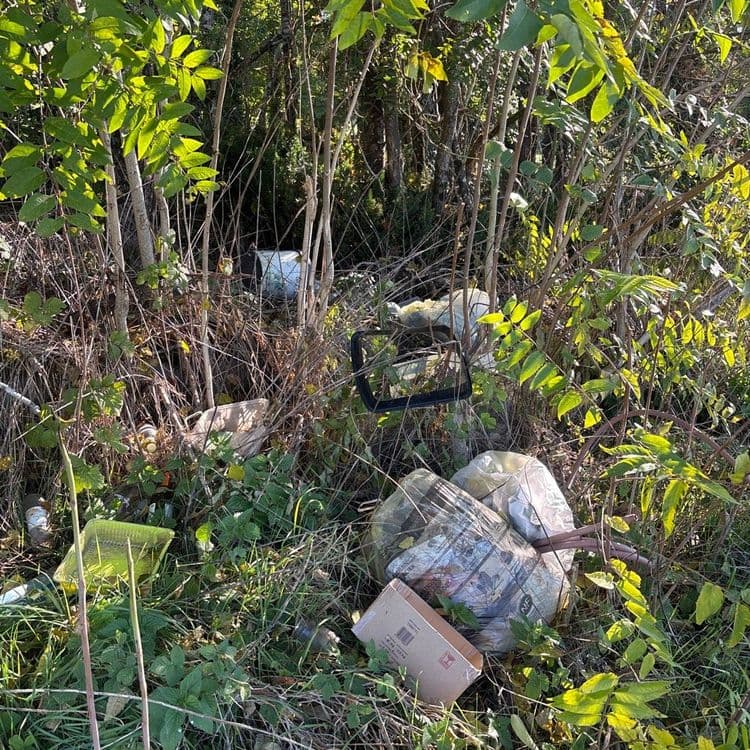 Voici une estimation des déchets présents sur le site :

*   **Sacs poubelles remplis de déchets ménagers :** Présence d'au moins deux sacs, poids estimé entre 15 et 20 kg par sac.
*   **Débris d'écran (cadre) :** 1 unité, poids estimé à 1 kg.
*   **Boîte en carton :** 1 unité, poids négligeable.
*   **Seau en plastique :** 1 unité, poids estimé à 0.5 kg.
*   **Divers déchets épars (canettes, bouteilles plastiques, emballages divers) :** Quantité difficile à estimer précisément, poids total estimé entre 2 et 5 kg.
*   **Bac jaune** 1 unité, poids estimé à 0,8 kg.
