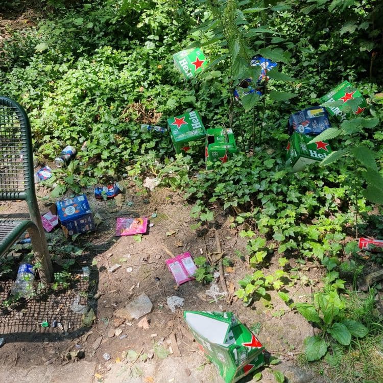 Déchets de bouteilles, emballages, caddy de supermarché jeté,  sacs