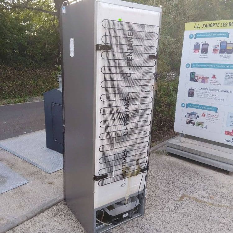 Voici l'analyse des déchets présents sur l'image :

*   **Réfrigérateur :** 1 réfrigérateur est présent, son poids est estimé à environ 50 kg.

Les estimations de poids sont données à titre indicatif et peuvent varier en fonction du modèle et de l'état des déchets.