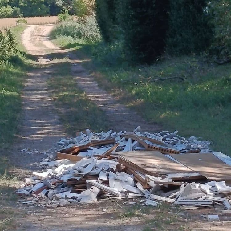 Voici le détail des déchets abandonnés sur le chemin :

*   **Débris de placo et de plâtre :** Une quantité importante de fragments, estimée à environ 150 à 200 kilogrammes. On dénombre une trentaine de grands morceaux et de nombreux petits éclats.
*   **Panneaux de bois aggloméré ou contreplaqué :** Plusieurs pièces, dont 3 à 5 de grande taille (type porte ou étagère) et quelques fragments. Le poids est estimé entre 50 et 70 kilogrammes.
*   **Bois de charpente ou planches :** Environ 5 à 8 morceaux de bois de différentes longueurs et épaisseurs, pour un poids total estimé à 20 à 30 kilogrammes.
*   **Carrelage et gravats de maçonnerie :** Une dizaine de fragments de carrelage et quelques petits gravats, représentant un poids d'environ 10 à 15 kilogrammes.
*   **Matériaux isolants :** Quelques fragments légers, dont le poids est estimé à moins de 5 kilogrammes.
*   **Éléments métalliques :** Une pièce perforée et quelques petits fragments, pour un poids total d'environ 5 à 10 kilogrammes.