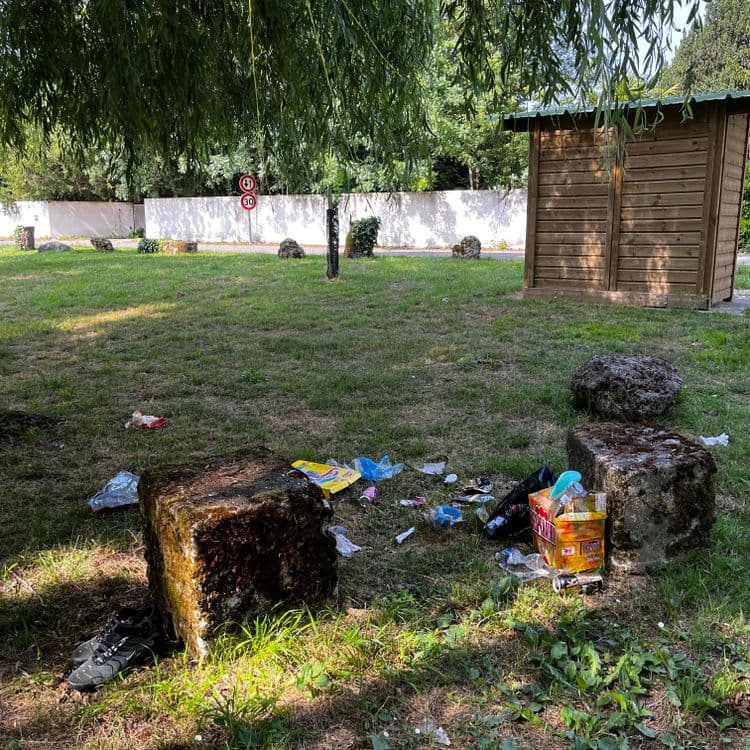 L'image présente une variété de déchets abandonnés. On observe notamment des emballages alimentaires en plastique et en papier, estimé à environ 500 grammes, des canettes de boisson en aluminium, représentant environ 300 grammes pour une quantité d'environ 5 unités, une boîte en carton contenant des bouteilles en verre, le tout pesant environ 2 kilogrammes, divers papiers et plastiques de faible densité, environ 200 grammes, et une paire de chaussures, estimée à 1 kilogramme. 
