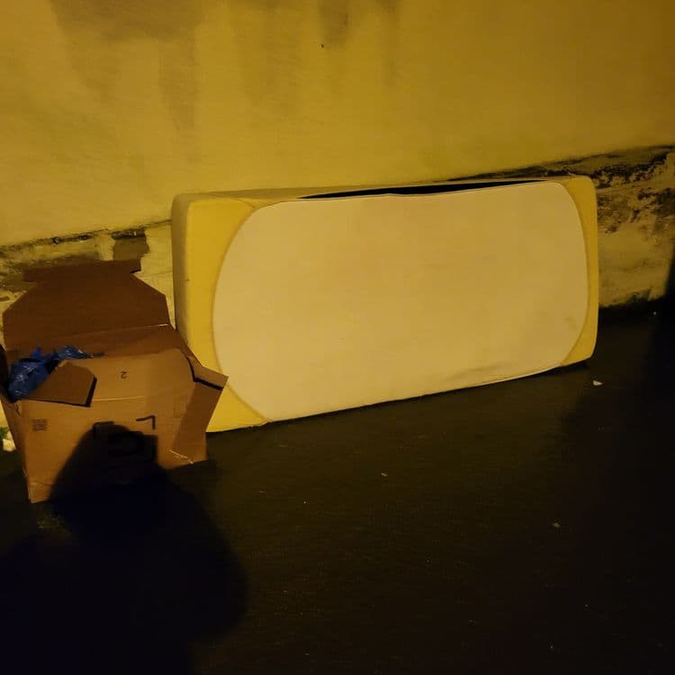 Déchets abandonnés :

Un matelas, estimé à 15 kg. La quantité est d’un (1) matelas.

Un carton, estimé à 2 kg. La quantité est d’un (1) carton.  Il semble contenir des déchets supplémentaires emballés dans du plastique bleu.  Le poids exact des déchets contenus dans le carton est difficile à estimer à partir de la photo, mais il pourrait ajouter entre 1 et 3 kg au poids total des déchets.
