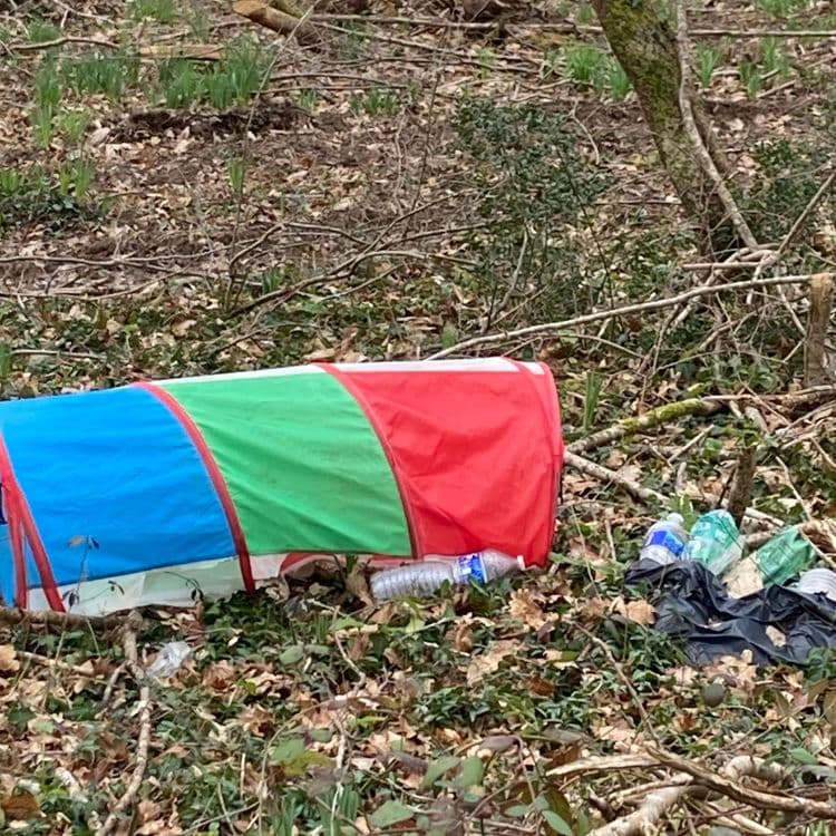 Zone déboisée récemment, déchets déposés avec bouteilles en plastique et tunnel d’enfant 