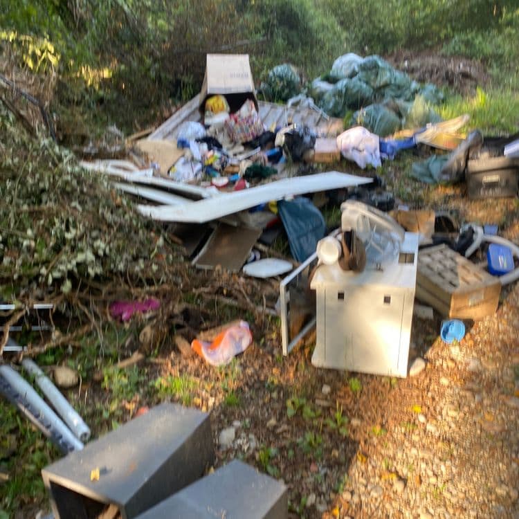 Voici une estimation des déchets présents sur le site :

*   **Déchets verts:** Il y a une quantité importante de déchets verts, probablement issus de jardinage ou d'élagage. Estimons environ 50 kg de déchets verts.

*   **Encombrants divers:** On observe divers objets volumineux tels que des éléments de mobilier (porte, meuble blanc en plastique), des tuyaux en métal et des boites. Ces déchets pourraient peser environ 80 kg.

*   **Déchets ménagers:** Une variété de déchets ménagers est visible, incluant des sacs plastique, des cartons, des textiles et des emballages. On peut estimer le poids de ces déchets à environ 40 kg.
