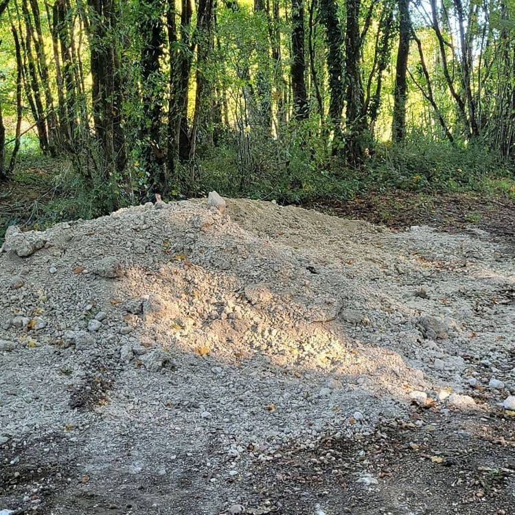 Suite à l'analyse de l'image, les déchets suivants ont été identifiés :

*   **Gravats et matériaux de construction inertes :** Estimation de 1500 kg, correspondant à un volume important de pierres, de sable et de terre.

Je reste à votre disposition pour toute demande complémentaire.