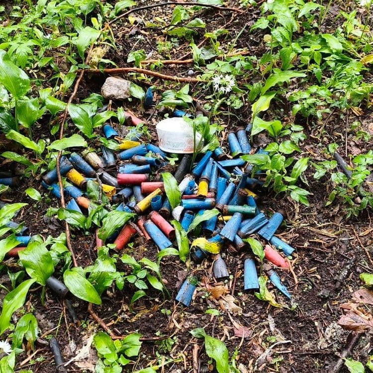 Pollution  par un dépôt sauvage de matériels de chasse (douilles) et d'emballages alimentaires.