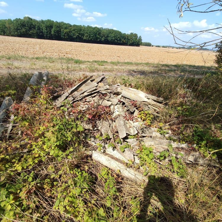 Les déchets présents sont principalement constitués de plaques de fibrociment, potentiellement amiantées. La quantité estimée est d'environ 20 à 30 plaques de différentes tailles, représentant un poids total estimé entre 150 et 250 kg. Des fragments de fibrociment brisés sont également visibles, représentant un volume supplémentaire de l'ordre de 10 à 20 kg.
