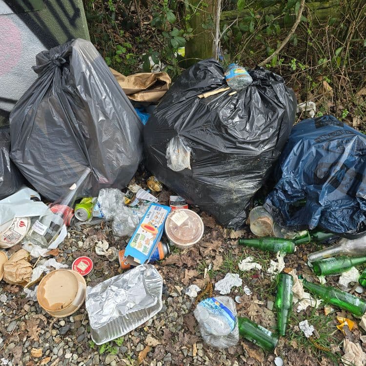 Déchets menagers à côté du panneau "dépôt d'ordures interdit". Au niveau du parking.