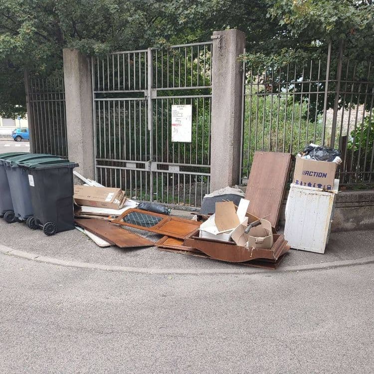 Les déchets abandonnés sont composés des éléments suivants :

Des débris de mobilier en bois et aggloméré, incluant des planches, des portes dont une avec un insert vitré, des tiroirs et des éléments de structure. On dénombre environ 12 à 15 pièces distinctes pour ce type de déchet. Le poids total est estimé à 60 kilogrammes.

Des cartons d'emballage de tailles diverses, dont un grand carton de marque "ACTION". Il y a environ 6 cartons. Le poids total est estimé à 4 kilogrammes.

Un élément d'électroménager, qui semble être une façade ou un panneau latéral d'un appareil de couleur blanche. Il s'agit d'une seule pièce. Le poids est estimé à 20 kilogrammes.

Deux sacs de déchets divers, de couleur noire, l'un posé au sol et l'autre sur le tas de cartons. Le poids total est estimé à 8 kilogrammes.

Quelques petits débris non identifiés, comme des morceaux de polystyrène et de plastique éparpillés. La quantité est faible, estimée à 1 kilogramme.