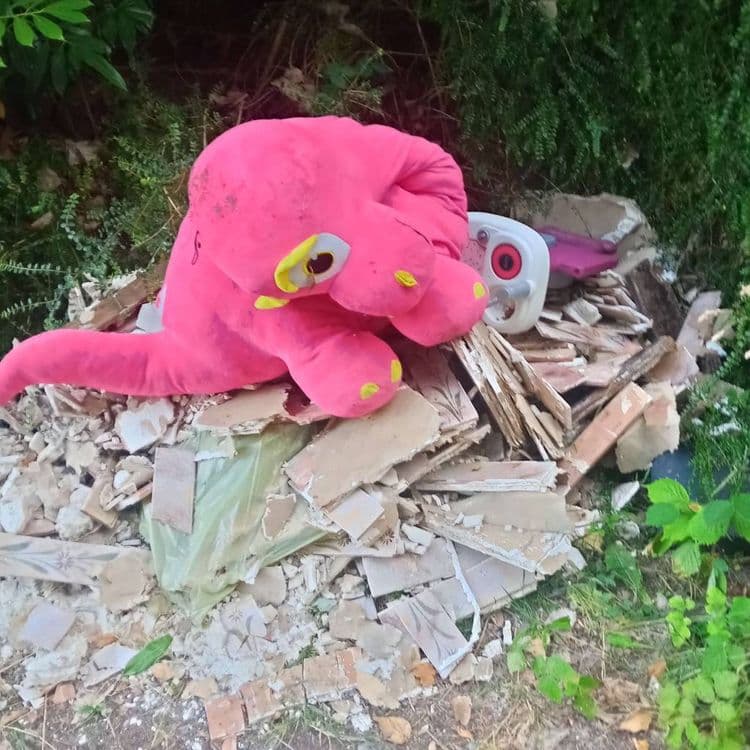 Accumulation de gravats, pièces automobiles, jouets d' enfants.au moins 2 tonnes sur l'ensemble des bas-côté du chemin qui est dans le prolongement de la rue du Nœud à MOUY.