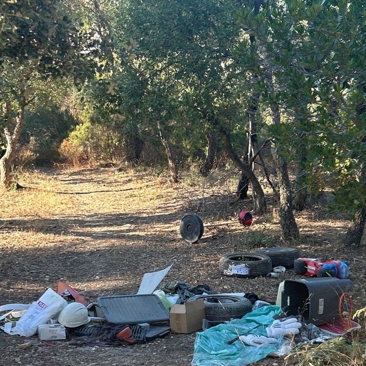 Dépôt sauvage poubelles plusieurs pneus casques plastique 
