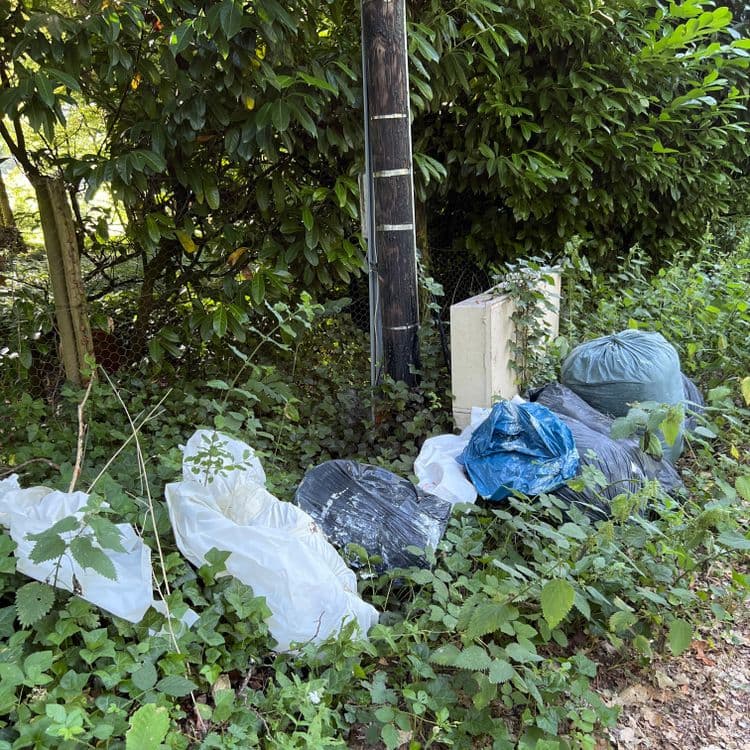 Voici l'analyse des déchets présents sur l'image :

Plusieurs sacs poubelles de différentes couleurs sont visibles. On peut identifier des sacs blancs (environ 3 sacs), des sacs noirs (environ 2 sacs) et un sac bleu. On note également la présence d'un sac vert foncé. 

En termes d'estimation de poids, considérant le volume apparent des sacs, on pourrait estimer :
*   Sacs blancs : environ 5 kg par sac, soit un total de 15 kg.
*   Sacs noirs : environ 7 kg par sac, soit un total de 14 kg.
*   Sac bleu : environ 6 kg.
*   Sac vert foncé : environ 8 kg.

Il est important de noter qu'il s'agit d'estimations visuelles. Le poids réel peut varier en fonction du contenu des sacs. 