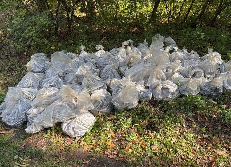 Nombreux sacs plastiques avec gravats 
