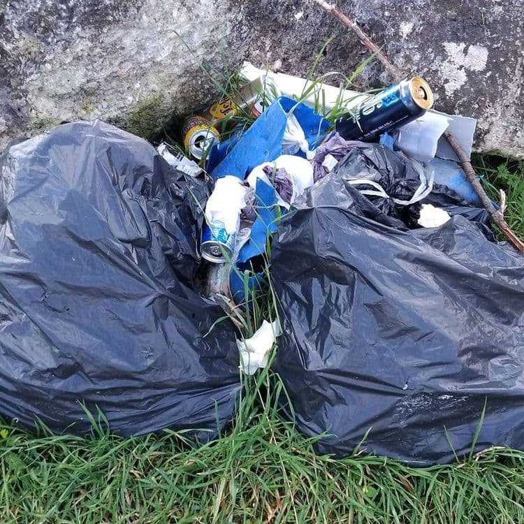 Deux sacs poubelles et canettes a proximité immédiate d’un fossé.  Risque de pollution. Merci 