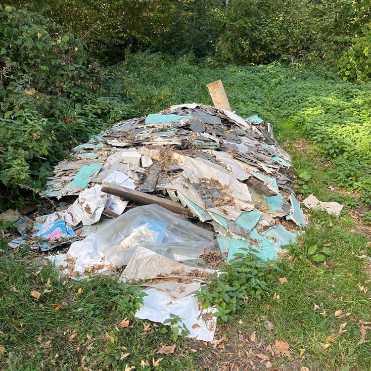 Les déchets abandonnés sur le site sont identifiés comme suit :

*   **Plaques de plâtre (Placo)** : De nombreuses plaques brisées, reconnaissables à leur surface cartonnée et souvent à leur couleur verte ou bleue sur une face. Elles constituent la majeure partie du volume du dépôt.
    *   Estimation de la quantité : L'équivalent d'environ 15 à 20 plaques entières.
    *   Estimation du poids : 400 à 500 kilogrammes.

*   **Matériaux de couverture (type ardoise ou shingle)** : Des fragments sombres et plats, probablement issus d'une toiture. Ces débris sont mélangés aux plaques de plâtre.
    *   Estimation de la quantité : Un volume significatif de débris.
    *   Estimation du poids : 150 à 200 kilogrammes.

*   **Bois** : Quelques planches et tasseaux.
    *   Estimation de la quantité : Environ 3 à 5 pièces distinctes.
    *   Estimation du poids : 30 à 50 kilogrammes.

*   **Plastiques** : Principalement des bâches transparentes et quelques sacs.
    *   Estimation de la quantité : Plusieurs mètres carrés de bâches et 1 à 2 grands sacs.
    *   Estimation du poids : 5 à 10 kilogrammes.

*   **Cartons et papiers** : Quelques emballages en carton aplatis et des débris de papier.
    *   Estimation de la quantité : L'équivalent de quelques cartons de taille moyenne.
    *   Estimation du poids : 5 à 10 kilogrammes.

*   **Déchets divers et terre** : Un mélange de petits débris non identifiables précisément, de terre et de feuilles mortes, intégré aux autres matériaux.
    *   Estimation de la quantité : Un volume diffus mélangé aux autres déchets.
    *   Estimation du poids : 20 à 30 kilogrammes.

Le poids total estimé pour l'enlèvement de ces déchets se situe entre 600 et 800 kilogrammes.