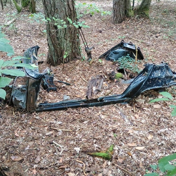 Une carcasse de voiture en pleine forêt 