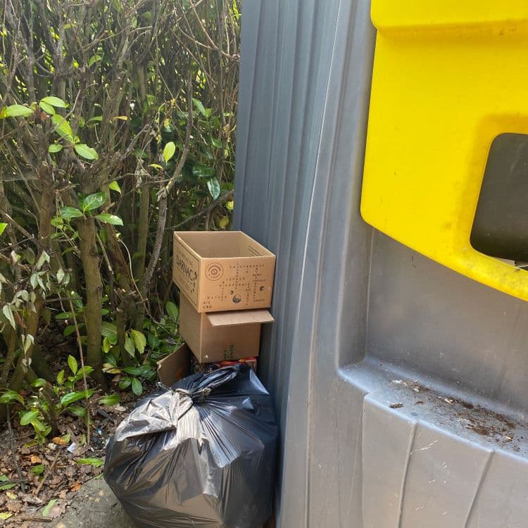 L'analyse révèle la présence des déchets suivants :

*   Sacs poubelles noirs : Une estimation visuelle suggère environ 6 à 8 sacs, principalement remplis d'ordures ménagères. En considérant un poids moyen de 5 à 8 kg par sac, le poids total de cette catégorie pourrait se situer entre 30 et 64 kg.
*   Cartons : On observe environ 3 cartons vides, probablement des emballages. Le poids total de ces cartons est estimé à environ 1 kg.
