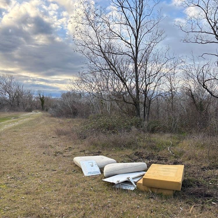 Suite à l'analyse de l'image, les déchets suivants ont été identifiés :

*   Des éléments de rembourrage de canapé (coussins et mousse) : environ 10 kg, quantité : 4.
*   Des parties de structure métallique de canapé : environ 5 kg, quantité : 3.
*   Des morceaux de bois (provenant probablement du canapé) : environ 3 kg, quantité : 2.