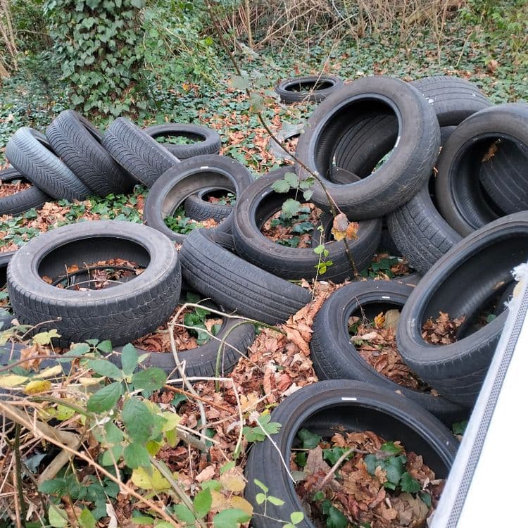 Plusieurs dizaines de pneus usagés, mobilier divers, déchets abandonnés sur un chemin d'accès à un chantier 