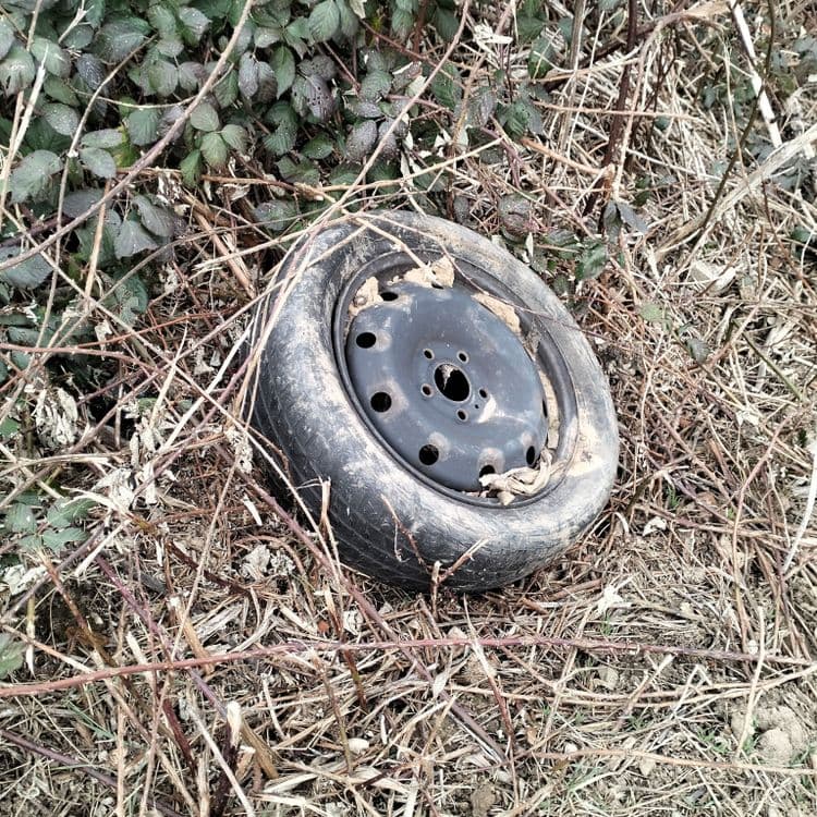 Roue complète abandonnée au bord d'un champ 
