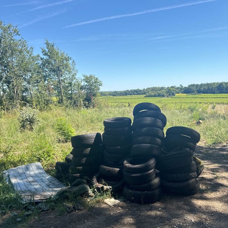 Dépôt sauvage de pneus, tôles, plastique. 