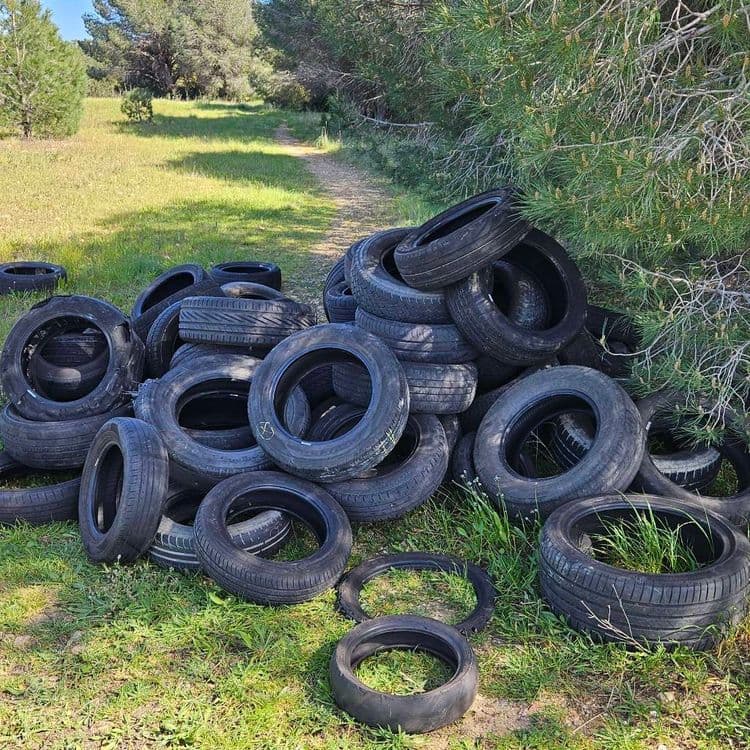 Suite à l'analyse de l'image, les déchets présents sont principalement des pneus usagés. On estime leur quantité à environ 30 unités. En considérant un poids moyen de 8 kg par pneu, le poids total de ces déchets s'élèverait à environ 240 kg.
