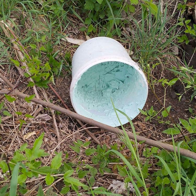 Pneu usagé, seau de peinture et déchets divers abandonnés à proximité d'un ruisseau, au bord d'un chemin 