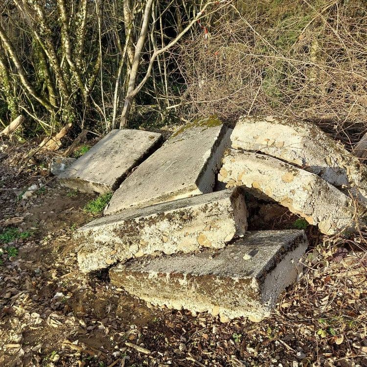 Déchets encombrants en béton, en bordure de bois