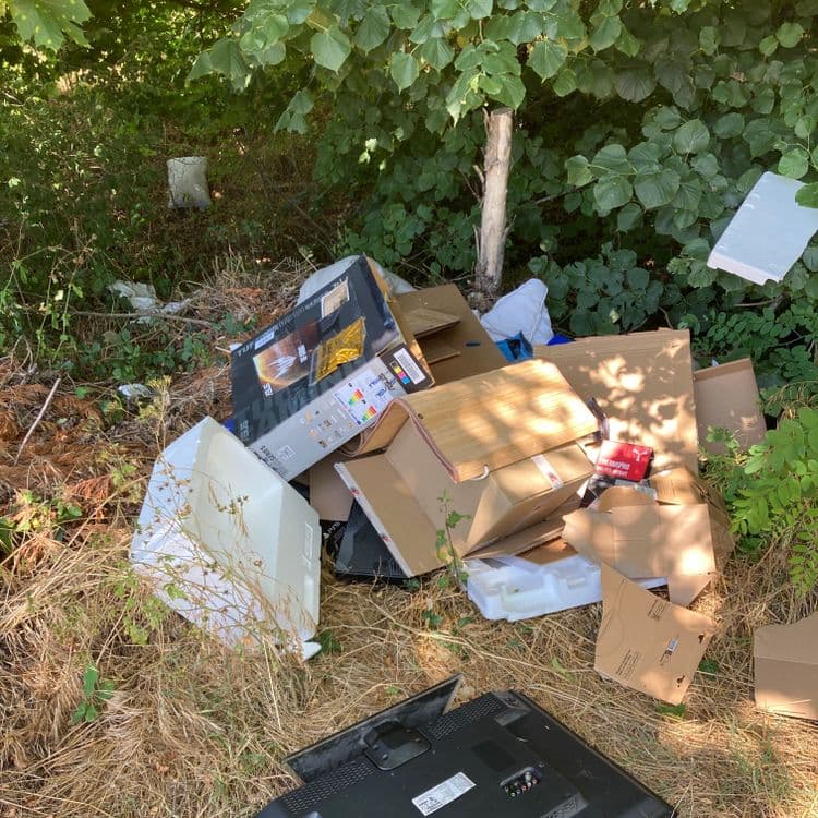 Voici une estimation des déchets présents sur l'image :

*   **Cartons d'emballage :** Il y a une quantité importante de cartons d'emballage de différentes tailles. On estime le poids total de ces cartons à environ 10 kg.

*   **Polystyrène :** Des éléments en polystyrène, probablement issus d'emballages, sont présents. Leur poids est estimé à environ 1 kg.

*   **Téléviseur :** Un téléviseur semble avoir été abandonné. Le poids d'un téléviseur peut varier, mais on peut l'estimer à environ 8 kg.

*   **Autres déchets plastiques :** Divers déchets plastiques sont visibles, comme des barquettes. Leur poids total est estimé à environ 2 kg.

*   **Autres déchets :** D'autres types de déchets sont présents en plus petite quantité (linge, seau, etc.). On estime leur poids total à environ 3 kg.