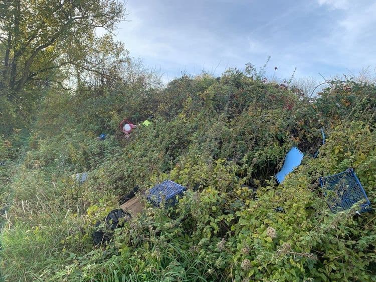 Voici une estimation des déchets présents sur le site :

*   **Déchets plastiques divers** : Présence de fragments bleus (environ 2 kg), un bidon ou seau rouge (environ 1 kg), et d'autres éléments non identifiables (environ 3 kg). Quantité totale estimée : 6 kg.

*   **Cagettes en plastique** : Deux cagettes bleues (environ 1.5 kg chacune). Quantité totale estimée : 3 kg.

*   **Pneus** : Un pneu visible (environ 7 kg). Quantité totale estimée : 7 kg.

*   **Autres déchets** : Un enrouleur de câble noir (environ 4 kg), d'autres déchets non identifiables (environ 5 kg), un vêtement de sécurité jaune (environ 1 kg), une bâche (environ 2 kg). Quantité totale estimée : 12kg.

Le poids total estimé des déchets présents sur le site est d'environ 28 kg.
