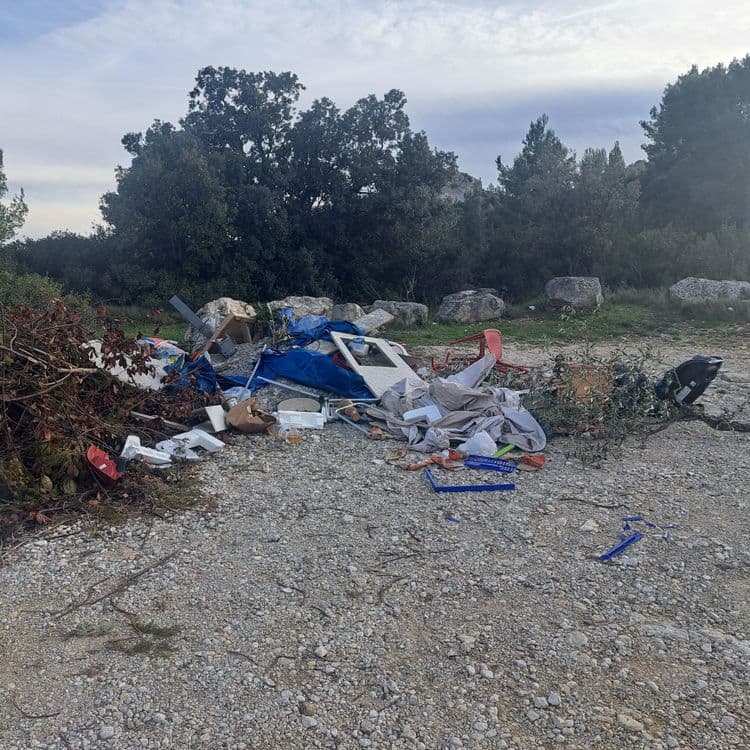 Voici l'analyse des déchets présents sur l'image :

*   **Déchets verts** : Branches, feuilles, et autres résidus végétaux. Estimation du poids : 5 kg. Quantité : un tas de taille moyenne.

*   **Plastiques divers** : Emballages, fragments de récipients, et autres objets en plastique. Estimation du poids : 3 kg. Quantité : une douzaine de pièces.

*   **Polystyrène** : Débris d'emballage et isolant. Estimation du poids : 1 kg. Quantité : Environ 5 éléments.

*   **Textiles** : Vêtements, tissus, ou bâches. Estimation du poids : 2 kg. Quantité : Environ 3 pièces.

*   **Mobilier** : Fragments de meubles, chaises. Estimation du poids : 4 kg. Quantité : 2 éléments.

*   **Autres déchets** : Métaux, débris divers, produits non identifiés. Estimation du poids : 2 kg. Quantité : Environ 10 éléments.
*   **Caisses** : Plusieurs caisses dont un chariot de course. Estimation du poids : 2 kg. Quantité : 4 éléments.
