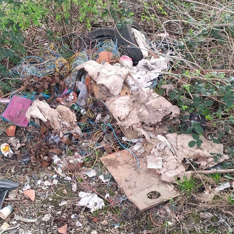 Déchets divers et pneus usagés abandonnés au bord d'un ruisseau 