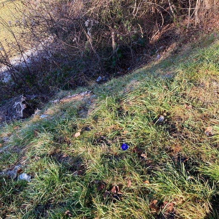Amas de déchets, en contrebas du talus, dans le virage, beaucoup de canettes, des mégots, un grille de BBQ… installer un container poubelle dans le virage pourrait limiter ces déchets sauvages. 