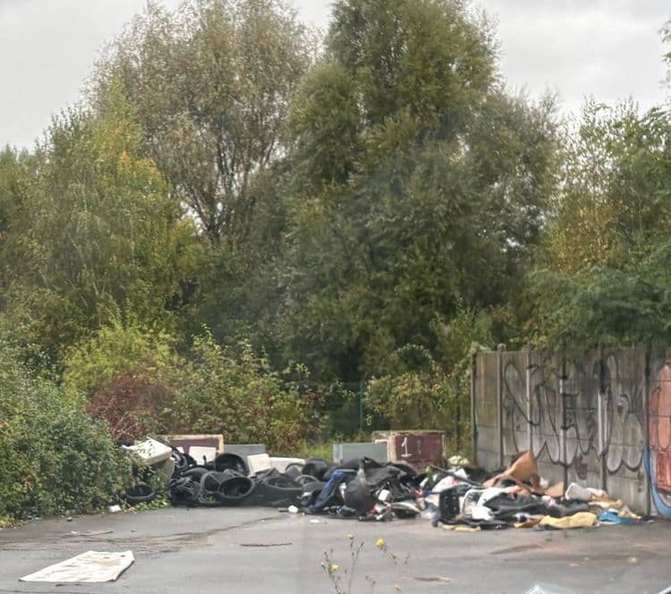 Des pneus, des gravats et autres déchets. 
La photo date d’une précédente accumulation de dépôts au même endroit. 

Décharge sauvage régulièrement évacuée, et tout aussi régulièrement rechargée. 
Peut être installer un système de caméra autonome (comme pour la faune) pour identifier les malappris… ou bloquer cet accès pour empêcher le stationnement et toute possibilité de décharge 