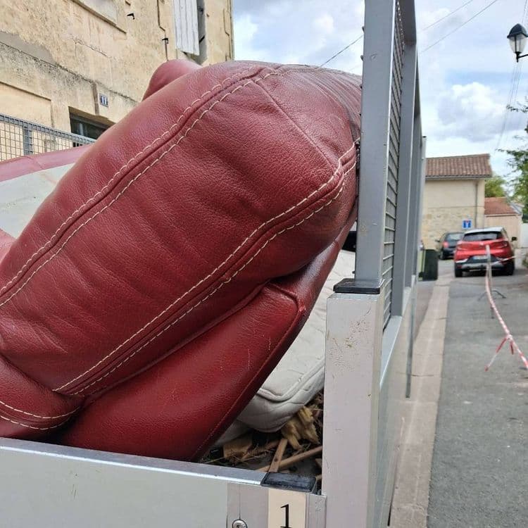 Voici la liste des déchets à collecter avec les estimations de poids et de quantité :
* **Meuble rembourré** : Un canapé ou un grand fauteuil en similicuir rouge.
* Quantité : 1 unité
* Poids estimé : 50 kg
* **Matelas ou grand coussin** : Un élément de literie ou de rembourrage de couleur claire.
* Quantité : 1 unité
* Poids estimé : 15 kg
* **Déchets verts** : Un mélange de branches et de débris végétaux.
* Quantité : 1 tas
* Poids estimé : 10 kg