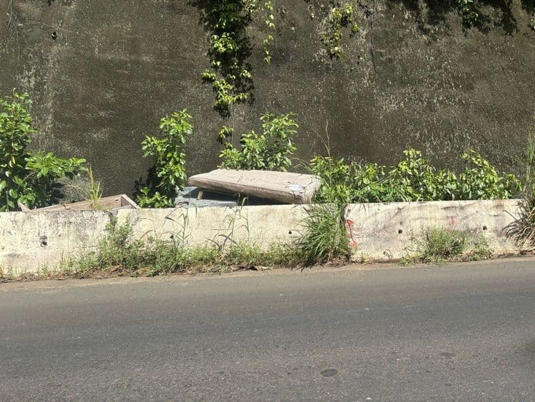 Voici une estimation des déchets présents sur les photos :
* **Matelas :** 1 matelas, estimation du poids entre 20 et 30 kg.
* **Débris de bois et de métal :** Divers morceaux, incluant du bois abîmé et des tôles métalliques rouillées. Quantité estimée : 5 à 10 kg.
* **Déchets divers :** Incluant des sacs plastiques, des papiers, des bouteilles plastiques. Quantité estimée : 3 à 5 kg.
* **Pneus :** 2 pneus, estimation du poids entre 8 et 12 kg par pneu.
* **Tuyau d'arrosage :** Un amas de tuyau d'arrosage vert. Quantité estimée : 5 à 7 kg.
* **Déchets de plastiques divers :** Divers morceaux de plastiques, pots, caisses ou autres. Quantité estimée : 2 à 4 kg.