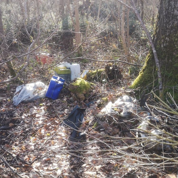 Voici une liste des déchets visibles sur la photographie, ainsi qu'une estimation de leur poids et de leur quantité :
**Déchets :**
- **Bidons de 5 litres :** Un bidon jaune et un bidon bleu. Poids estimé : 2 kg par bidon (compte tenu du poids du plastique et du éventuel résidu). Soit 4 kg au total.
- **Bidon rouge :** partiellement visible, il semble être de grande capacité (20 L?). Poids estimé : 5 kg (compte tenu du volume apparent et du poids du plastique). Quantité : 1
- **Sacs plastiques :** Plusieurs sacs plastiques transparents sont présents. Poids estimé : 1 kg au total. Quantité : au moins 3.
- **Déchets divers :** Il y a également des débris indéterminés, tels que des tissus noirs et autres déchets qui semblent être des ordures ménagères. Poids estimé : 2 kg au total. Quantité : Indéterminée.
**Total estimé :** 12 kg de déchets environ. Cette estimation est une approximation, car la taille et la nature exacte des déchets ne peuvent pas être déterminés avec précision à partir de la seule photographie. L’estimation est basée sur les contenants identifiés et des matériaux similaires (plastique).